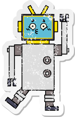 Bir insan tarafından çizilmiş sevimli bir robot çizgi film çıkartması.