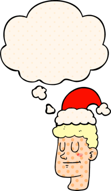 Bir insan tarafından çizilmiş, düşünce baloncuklu noel şapkası takan çizgi film adamı.
