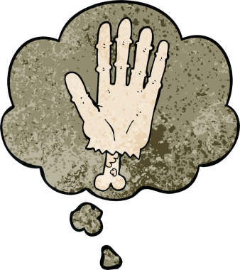 Bir insan tarafından çizilmiş grunge desenli düşünce baloncuklu zombi eli çizgi filmi.