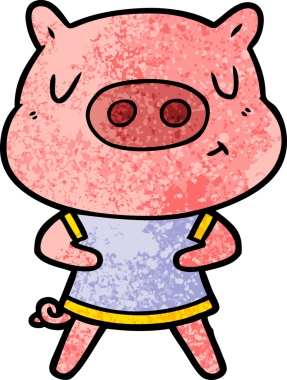 Çizgi film içerikli bir domuz insan tarafından çizilmiş bir tişört giyiyor.