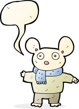 Bir insan tarafından çizilmiş konuşma balonlu kıyafet giymiş çizgi film faresi.