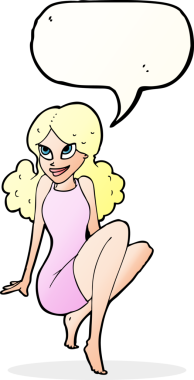 bir insan tarafından çizilmiş konuşma balonuyla poz veren çekici bir kadın.