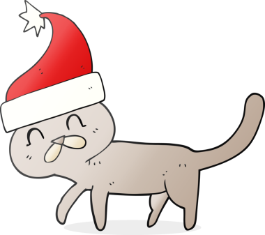 Bir insan tarafından çizilmiş Noel şapkası takan bir çizgi film kedisi.