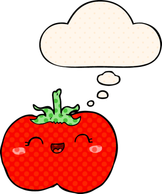 Bir insan tarafından çizilmiş, düşünce baloncuklu çizgi film domatesi.