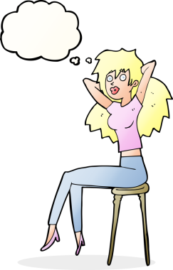 Bir insan tarafından çizilmiş düşünce baloncuğuyla tabureye poz veren çizgi film kadını.