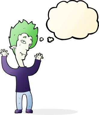 Bir insan tarafından çizilmiş düşünce balonlu vampir adam.