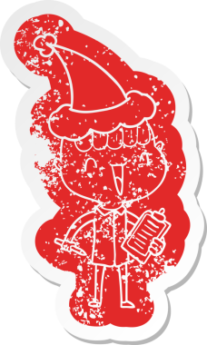 Garip bir çizgi film. Mutlu bir çocuğun çıkartması. Bir insan tarafından çizilmiş Noel Baba şapkası giymesine şaşırdı.