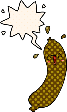 Bir insan tarafından çizilmiş çizgi roman tarzında konuşma baloncuklu mutlu çizgi film sosisi.