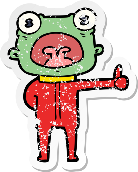 Bir insan tarafından çizilmiş garip uzaylı karikatürünün sıkıntılı çıkartması.