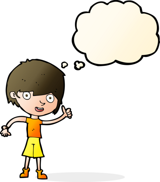 Bir insan tarafından çizilen düşünce baloncuğuyla pozitif tavırlı çizgi film çocuğu.