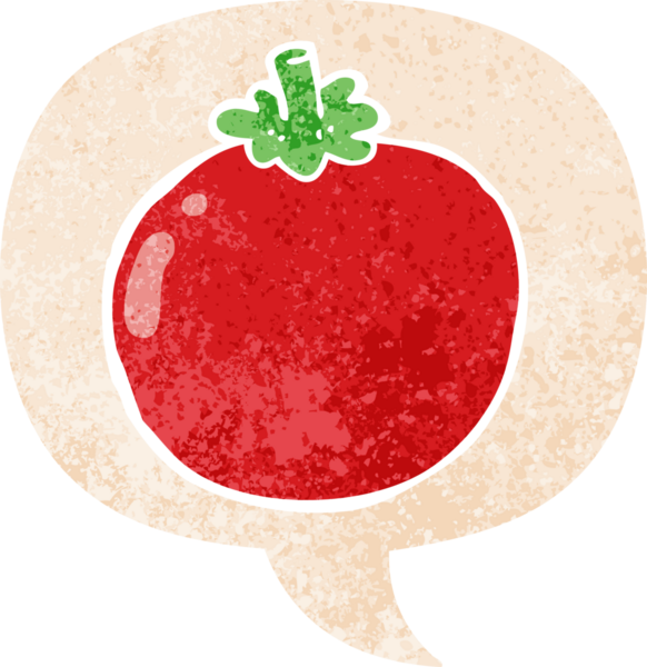 grunge 'da konuşma baloncuğu olan çizgi film domatesleri bir insan tarafından çizilmiş sıkıntılı retro dokuma tarzı