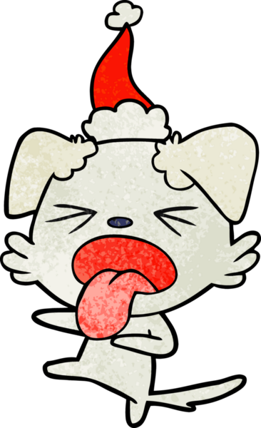 Bir insan tarafından çizilmiş, tiksinmiş, Noel Baba şapkası takan bir köpeğin el yapımı karikatürü.