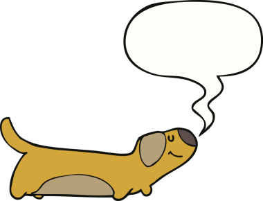 Bir insan tarafından çizilmiş konuşma balonu olan çizgi film köpeği.