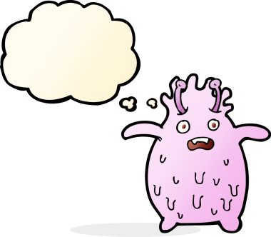 Bir insan tarafından çizilmiş düşünce baloncuklu komik balçık canavarı.