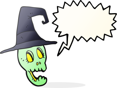 Bir insan tarafından çizilmiş bir cadı şapkası giyen serbest konuşma balonu karikatürü kafatası.