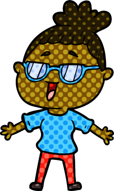 Bir insan tarafından çizilmiş gözlüklü mutlu kadın çizgi filmi.