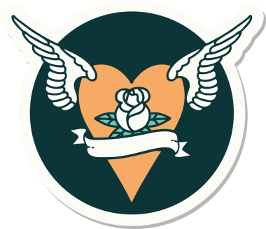 Geleneksel bir dövme stili. Uçan kalp. Çiçekler ve bir insan tarafından çizilmiş bayrak.