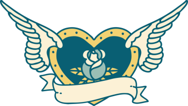 Bir insan tarafından çizilmiş çiçek ve bayrak ile uçan bir kalbin ikonik dövme görüntüsü