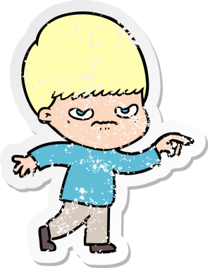 Bir insan tarafından çizilmiş kızgın bir çizgi film çocuğunun sıkıntılı çıkartması.