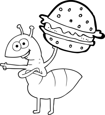 Bir insan tarafından çizilmiş besin taşıyan siyah beyaz karınca çizimi