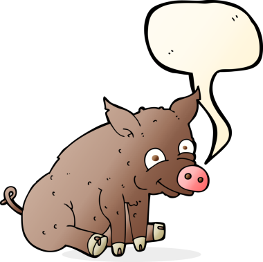 Bir insan tarafından çizilmiş konuşma balonlu mutlu domuz.