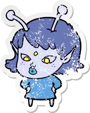 Bir insan tarafından çizilmiş güzel uzaylı bir kızın sıkıntılı çıkartması.