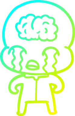 Bir çizgi filmin soğuk gradyan çizimi. Bir insan tarafından çizilmiş ağlayan büyük beyin uzaylısı.