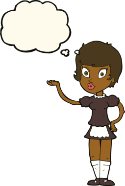 Bir insan tarafından çizilmiş düşünce kabarcığı olan çizgi film garsonu.