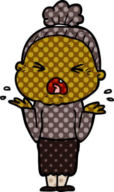 Bir insan tarafından çizilmiş kızgın yaşlı kadın çizgi filmi.