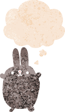 Düşünce baloncuklu çizgi film tavşanı grunge dertli eski moda bir insan tarafından çizilmiş.