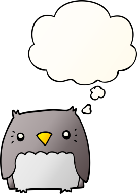 Bir insan tarafından çizilmiş yumuşak eğimli düşünce baloncuğu olan sevimli çizgi film baykuşu