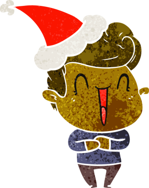 Heyecanlı adam el çizimi. Bir insan tarafından çizilmiş Noel Baba şapkası.