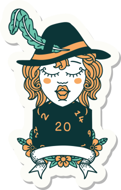 Bir insan ozan karakterinin çıkartması. Bir insan tarafından çizilmiş doğal 20 zar.