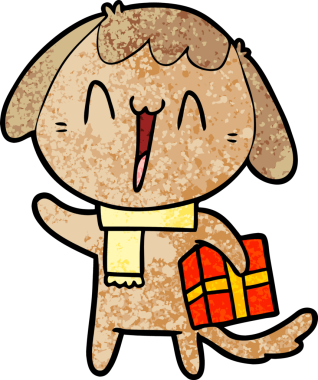 Bir insan tarafından çizilmiş Noel hediyesi olan sevimli bir çizgi film köpeği.