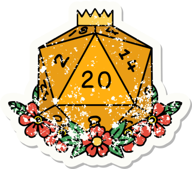Bir insan tarafından çizilmiş çiçek elementleriyle 20 D20 zarının grunge sticker 'ı.