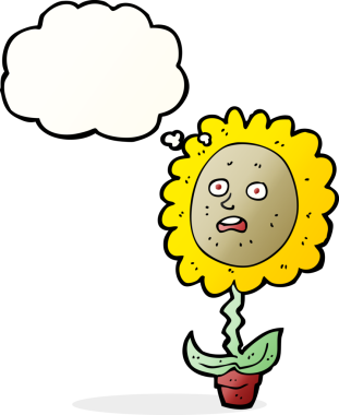 Bir insan tarafından çizilmiş, yüzü düşünce baloncuğu olan karikatür çiçeği.