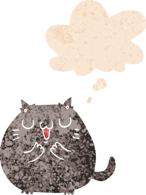 Mutlu çizgi film kedisi. Düşünce baloncuğu ve grunge dertli eski moda bir insan tarafından çizilmiş.