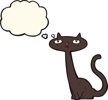 Bir insan tarafından çizilmiş düşünce baloncuklu kara kedi.