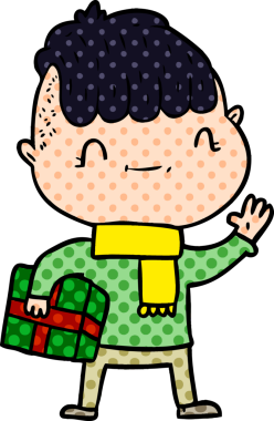 Bir insan tarafından çizilmiş Noel hediyeli çizgi film dostu çocuk.