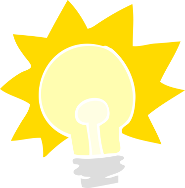 Bir insan tarafından çizilmiş düz renkli çizgi film parlak ampulü.