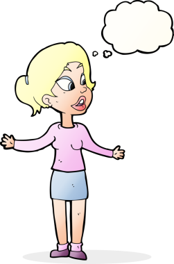 Bir insan tarafından çizilmiş düşünce baloncuğu olan bir şeyi açıklayan güzel bir kadın.