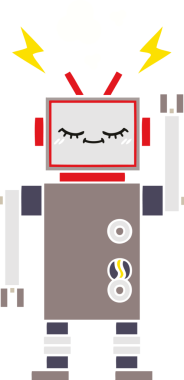 Bir insan tarafından çizilen dans eden robotun düz renkli retro karikatürü