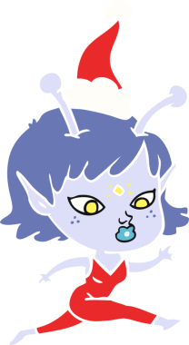 Bir insan tarafından çizilmiş Noel Baba şapkasıyla koşan yabancı bir kızın düz renkli çizimi.