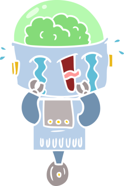 Bir insan tarafından çizilmiş düz renkli karikatür ağlayan robot.
