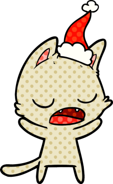 Konuşan kedi eli bir insan tarafından çizilmiş Noel Baba şapkasının çizgi roman çizimi.