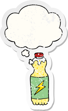 Düşünce baloncuğu olan karikatür soda şişesi insan tarafından çizilmiş yıpranmış bir çıkartma gibi.