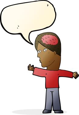 Bir insan tarafından çizilmiş konuşma baloncuğu ile beyni olan çizgi film adamı.