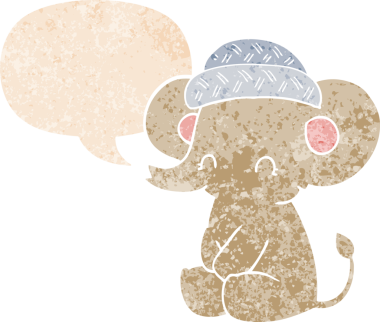 Homurdanan konuşma baloncuğu olan sevimli bir fil. Bir insan tarafından çizilmiş dertli eski tarz.