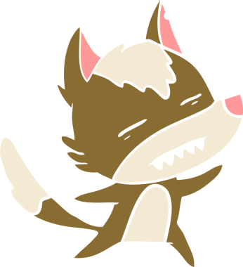 Düz renkli karikatür kurt bir insan tarafından çizilmiş dans ederken dişlerini gösteriyor.