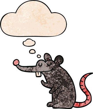 Bir insan tarafından çizilmiş grunge desenli düşünce baloncuklu çizgi film faresi.